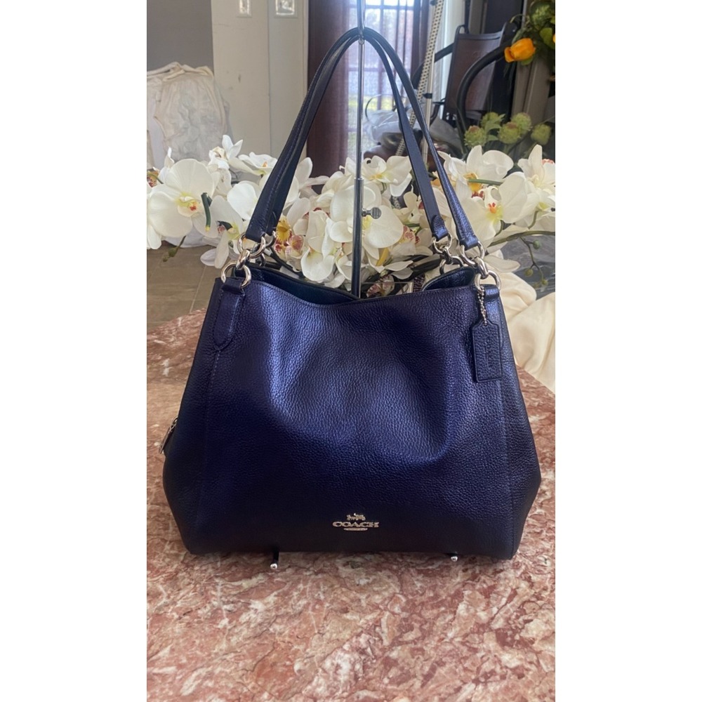 Coach Hallie Blue Pebble Leather Triple Compartment Large Bag F80271 EUC! $450